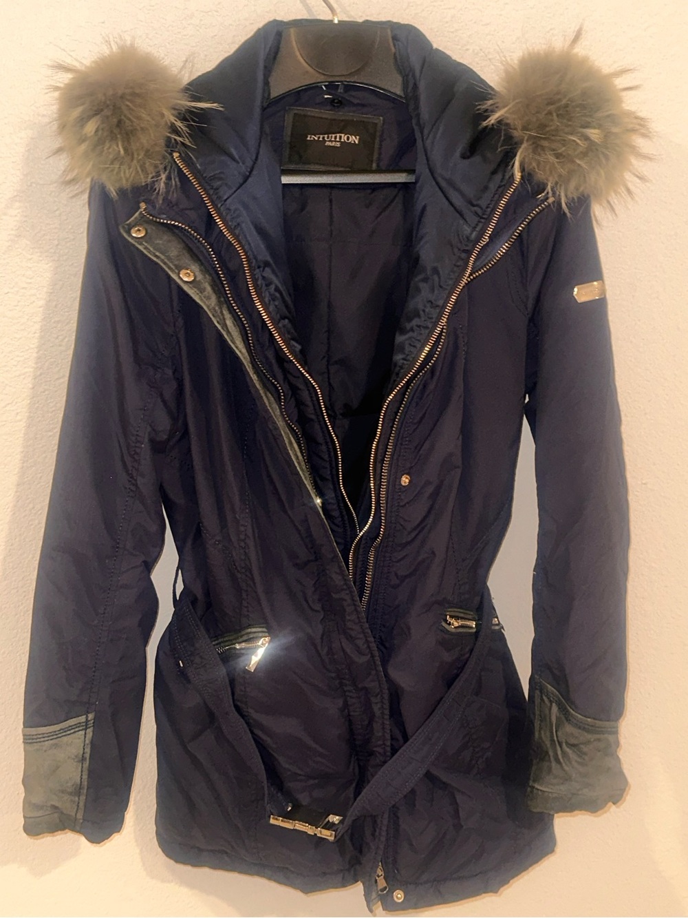 Intuition Paris Raccoon Hooded Coat with Leather Trim in Navy